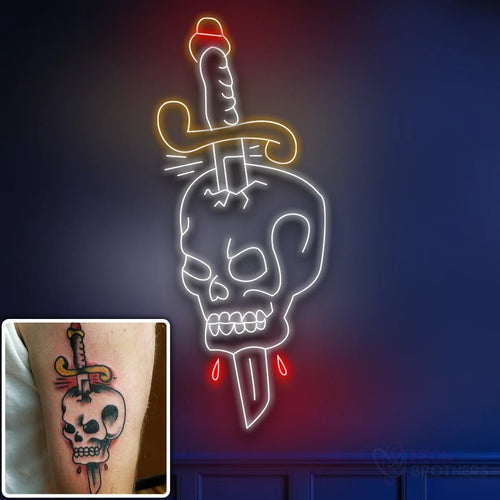 Skull & Dagger Neon Sign – Edgy Tattoo - Inspired LED Wall Art - Neon Brothers