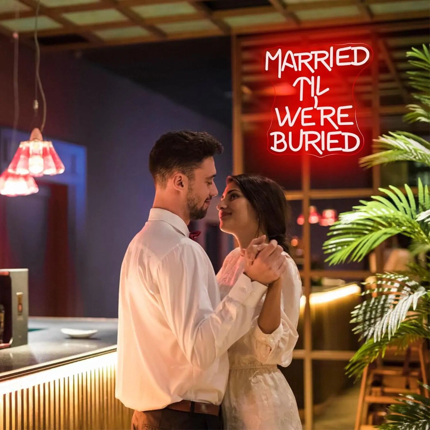 Married ‘Til We’re Buried Neon Sign – Romantic LED Wall Art for Couples & Weddings