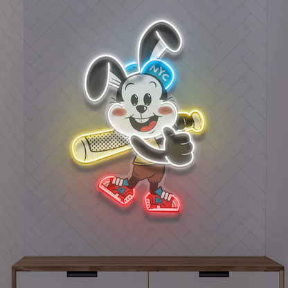 Rabbit Playing Baseball Neon Sign – A Playful Glow for Kids & Sports Lovers