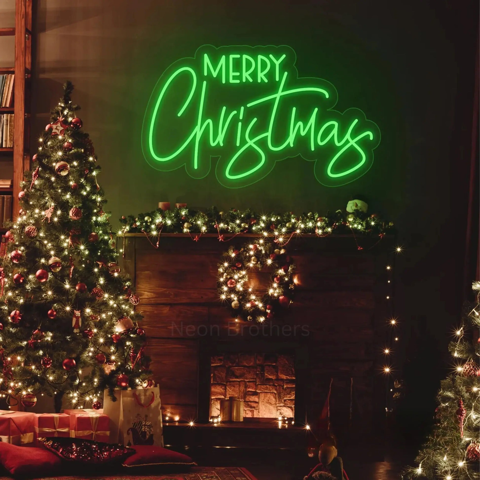 Merry Christmas in Green neon light on wall display