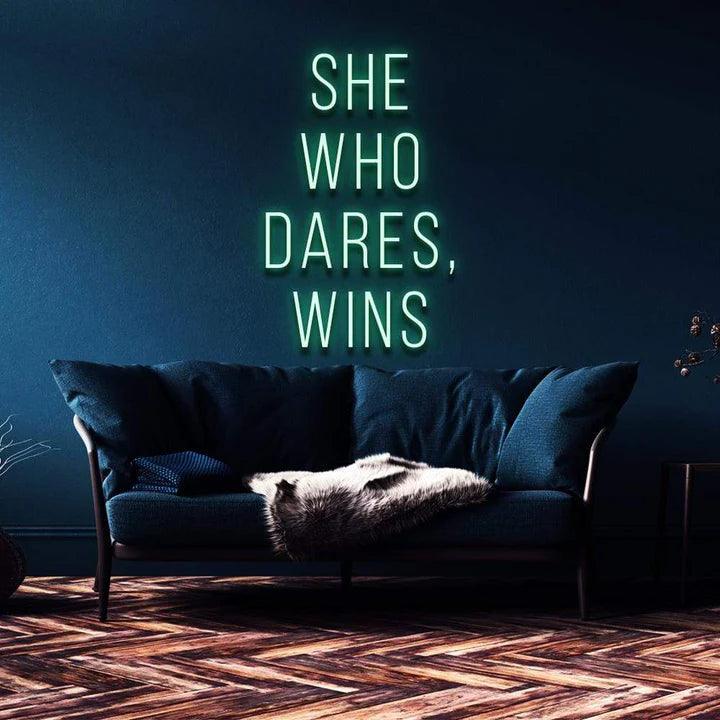 "SHE WHO DARES, WINS" NEON SIGN-Neonsigns-45 x 90 cm-Green-Cut to Shape-Neon Brothers