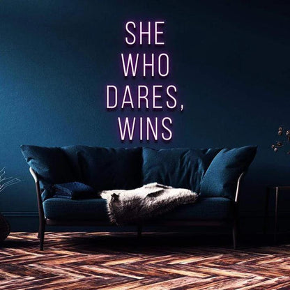 "SHE WHO DARES, WINS" NEON SIGN-Neonsigns-45 x 90 cm-Purple-Cut to Shape-Neon Brothers